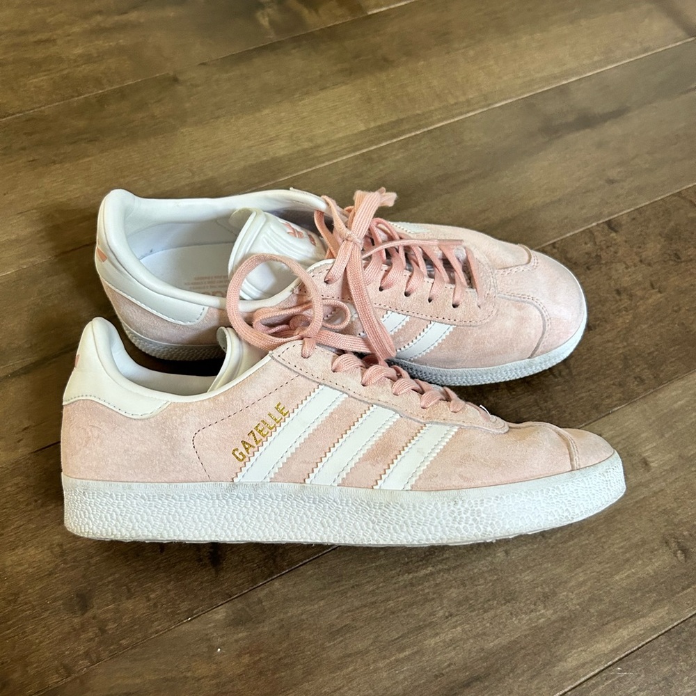 Pink and white Adidas Gazelle sneakers, size 6.5